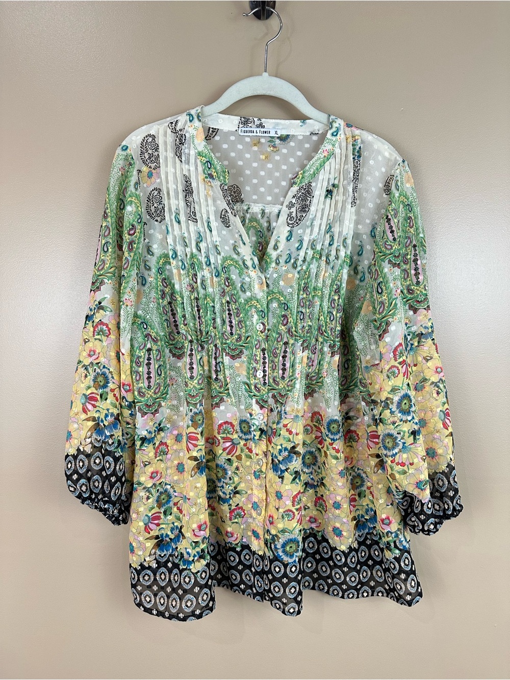 Figueroa & Flower XL Boho Paisley Floral Sheer Tunic Blouse Peasant Romantic